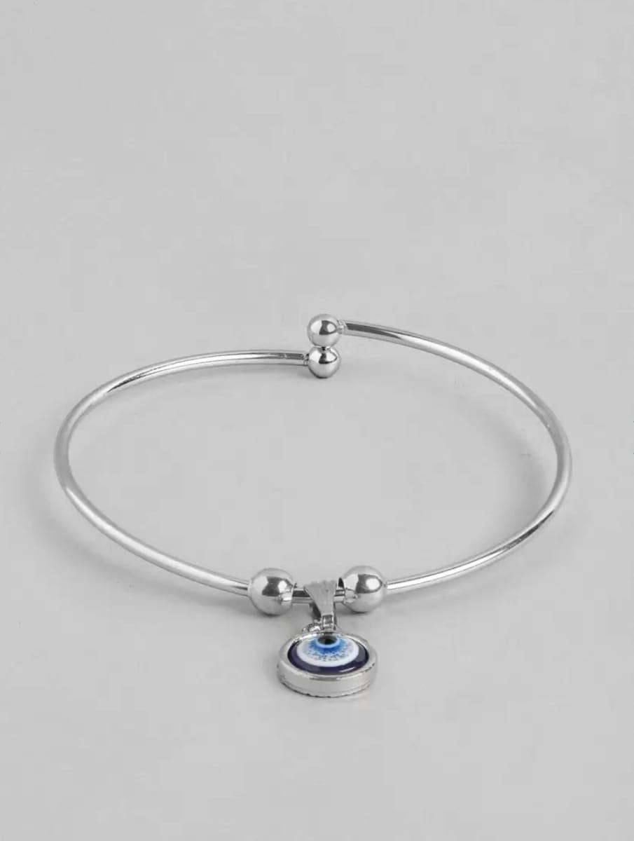 Unisex Silver Plated Stainless Steel Evil Eye Charm Bangle Bracelet – Stylish Fashion Jewelry - Image 4