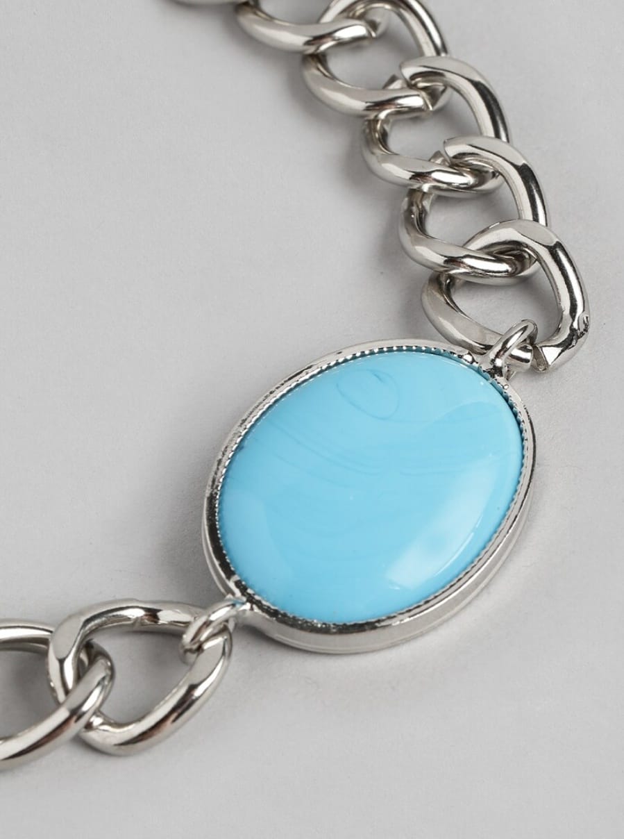 Unisex Silver Plated Stainless Steel Blue Stone Chain Bracelet – Stylish Fashion Jewelry - Image 4