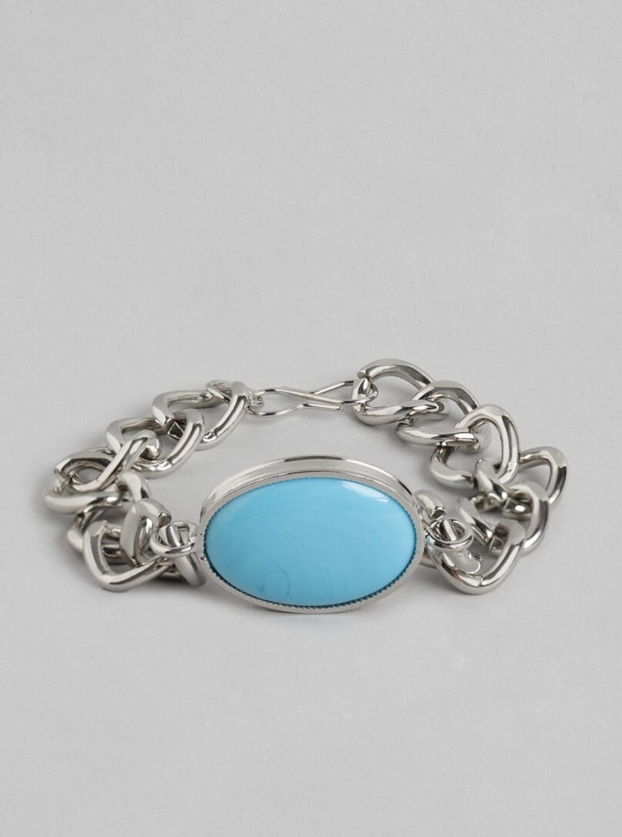 Unisex Silver Plated Stainless Steel Blue Stone Chain Bracelet – Stylish Fashion Jewelry - Image 3