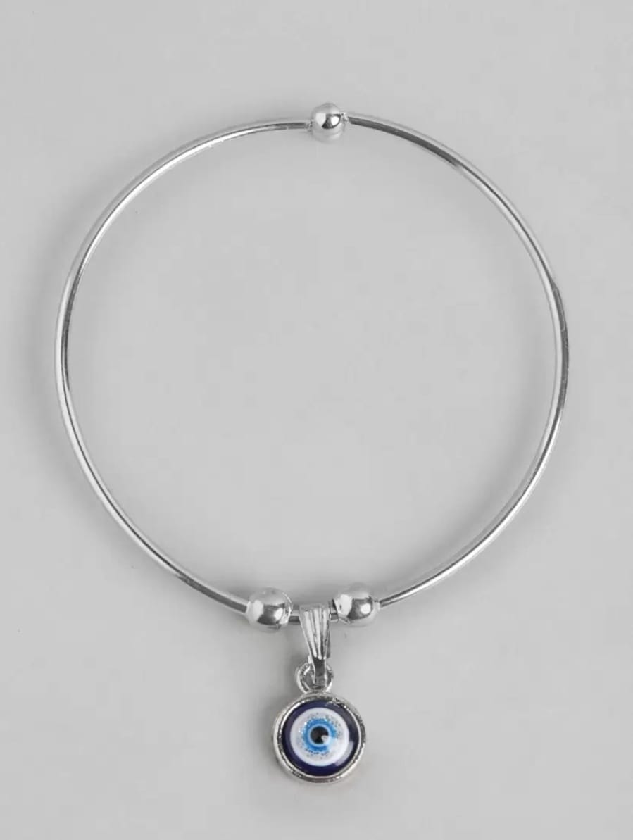 Unisex Silver Plated Stainless Steel Evil Eye Charm Bangle Bracelet – Stylish Fashion Jewelry - Image 2