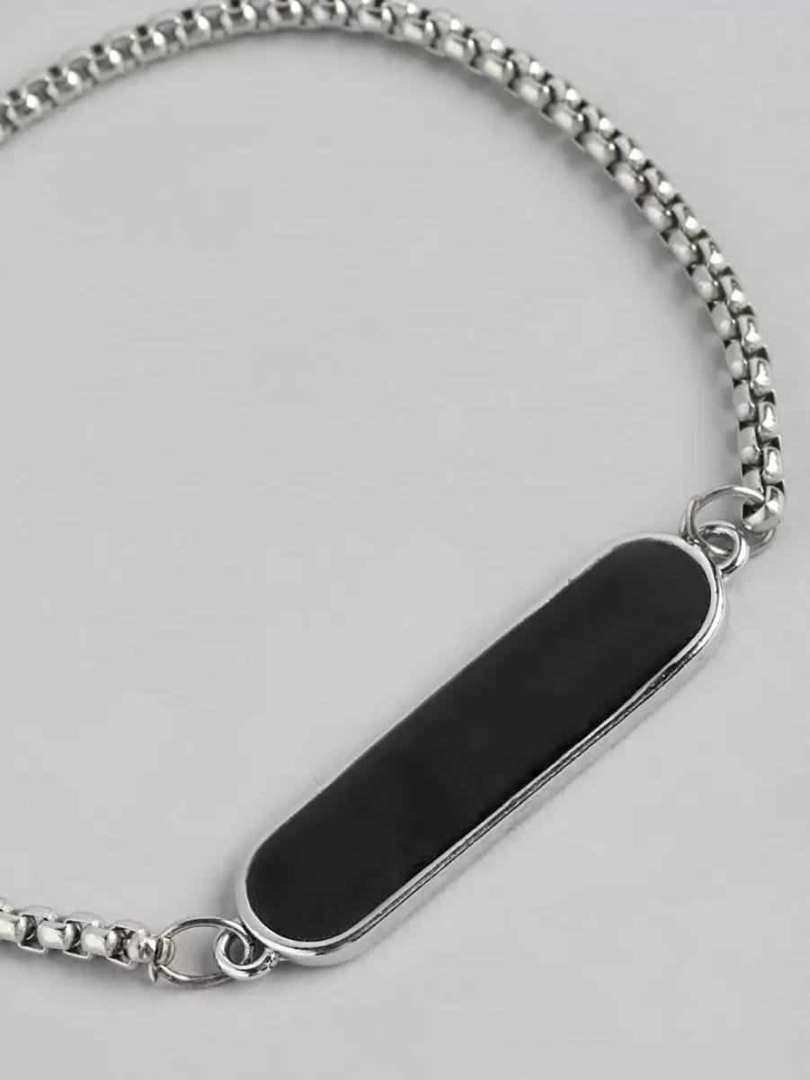 Unisex Silver Plated Stainless Steel Black Stone Link Bracelet – Stylish Fashion Jewelry - Image 3