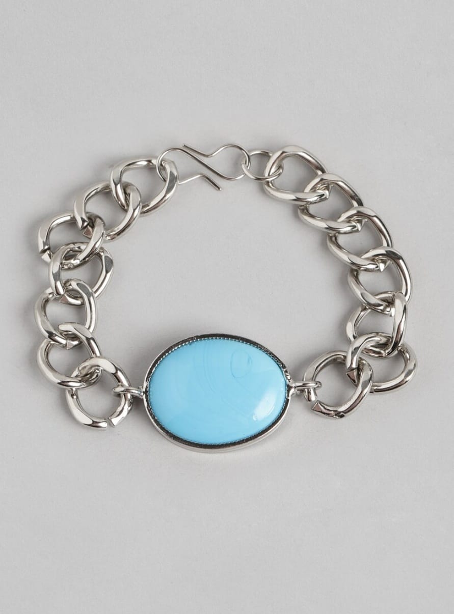 Unisex Silver Plated Stainless Steel Blue Stone Chain Bracelet – Stylish Fashion Jewelry - Image 2