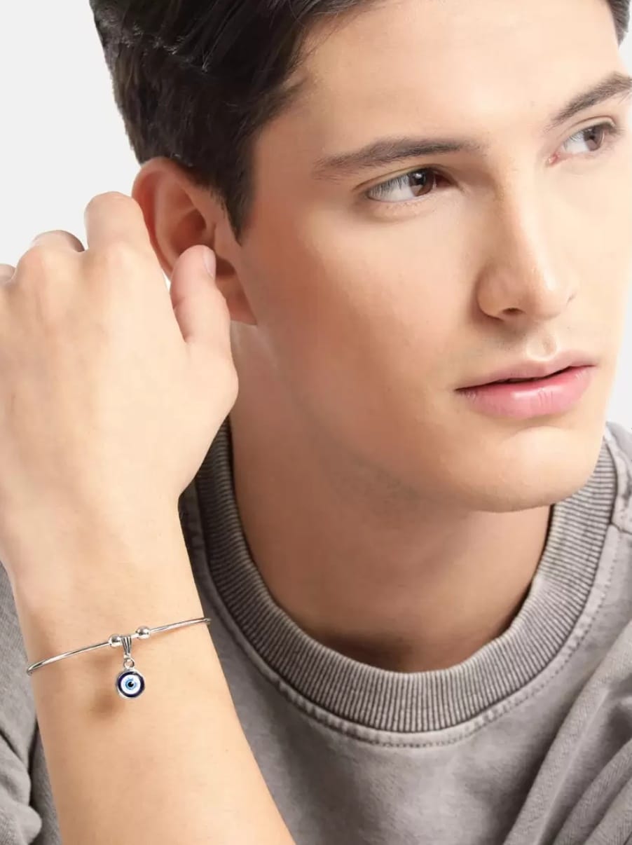 Unisex Silver Plated Stainless Steel Evil Eye Charm Bangle Bracelet – Stylish Fashion Jewelry