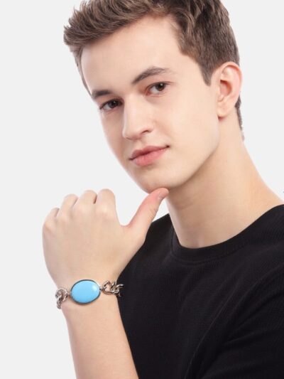 Unisex Silver Plated Stainless Steel Blue Stone Chain Bracelet – Stylish Fashion Jewelry