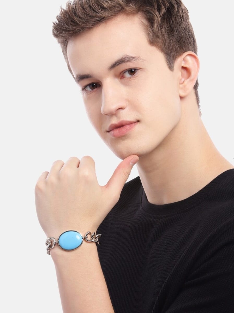 Unisex Silver Plated Stainless Steel Blue Stone Chain Bracelet – Stylish Fashion Jewelry