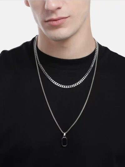 Men’s Double Layer Chain Necklace with Pendant (Silver Finish)