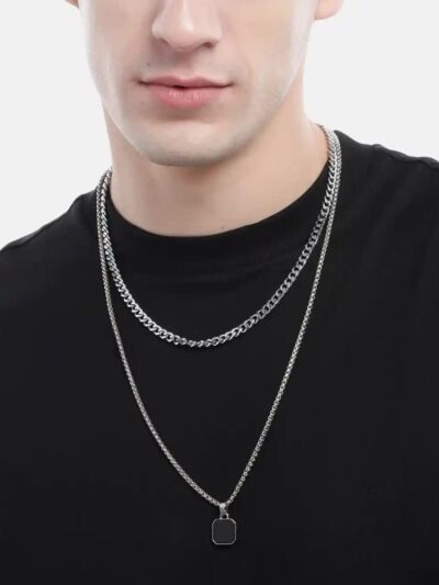 Men’s Layered Chain Necklace with Square Pendant (Silver Finish)