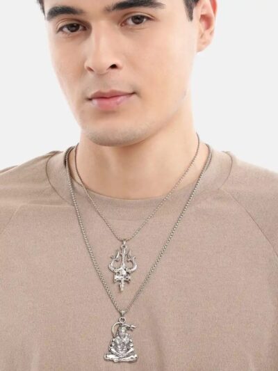 Men’s Trishul & Lord Shiva (Mahadev) Pendant Layered Chain (Silver Tone)