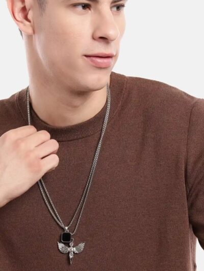 Men’s Winged Pendant Layered Chain Necklace (Silver Tone with Black Stone)