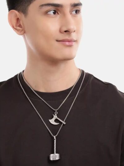 Men’s Axe & Hammer Pendant Layered Chain Necklace (Silver Tone)