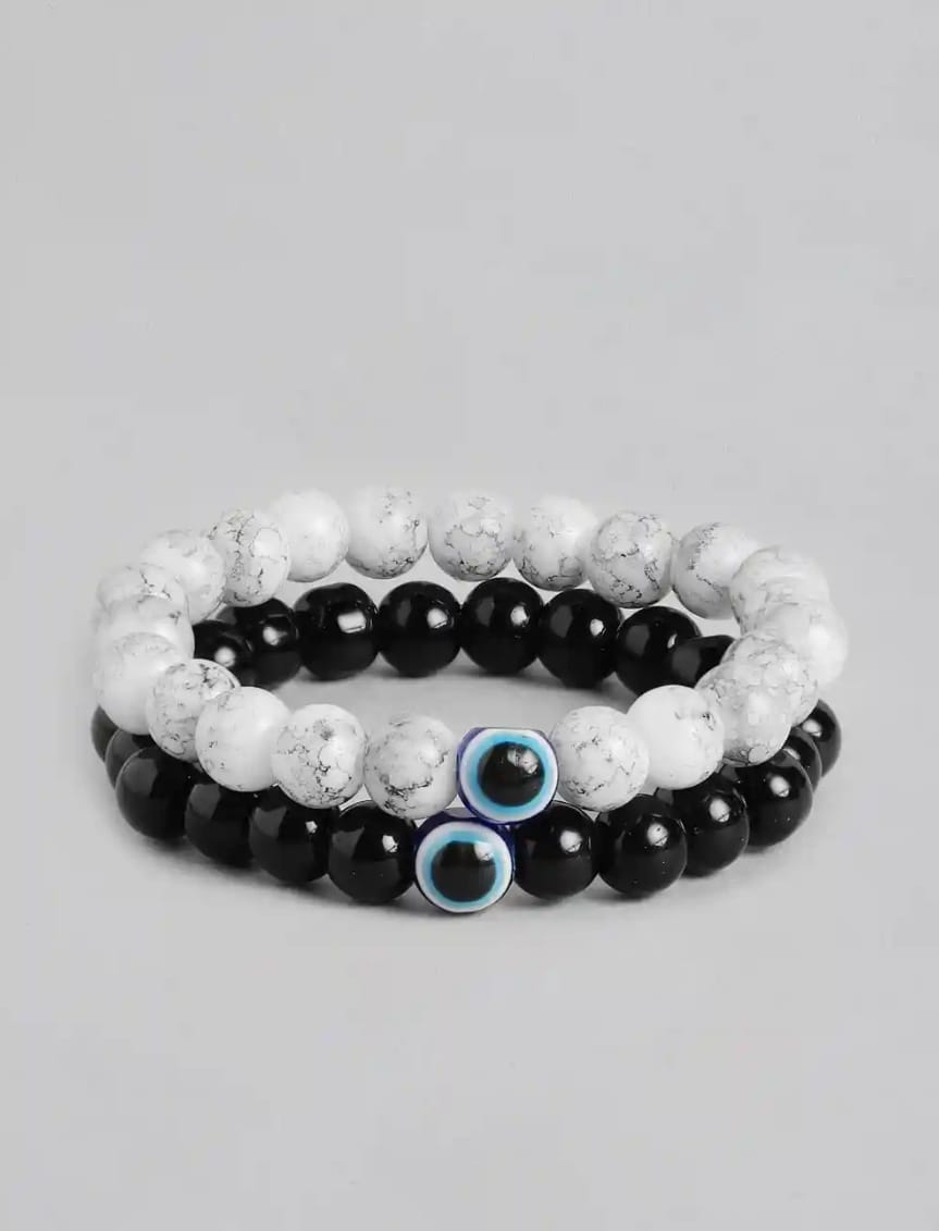 Men’s Beaded Bracelet Set (Black & White Stone Combo) - Image 2