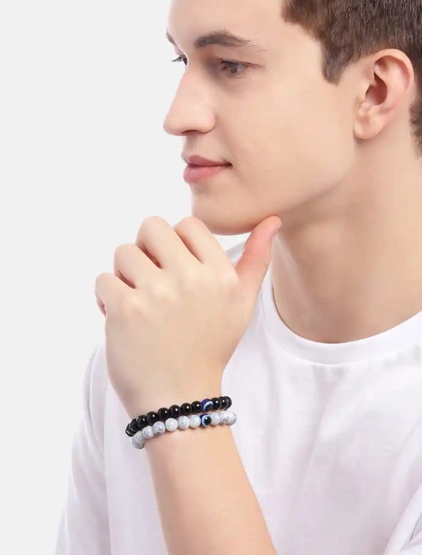 Men’s Beaded Bracelet Set (Black & White Stone Combo)