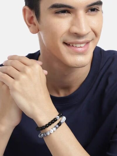 Men’s Dual Tone Beaded Bracelet Set (Black & Marble Finish)