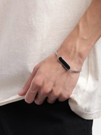 Men’s Black Bar Chain Bracelet (Minimal Silver Tone)
