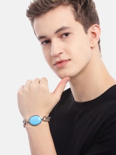 Men’s Turquoise Stone Chain Bracelet (Silver Tone)