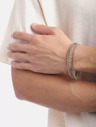 Unisex Silver Plated Stainless Steel Double Layer Chain Bracelet – Stylish Fashion Jewelry